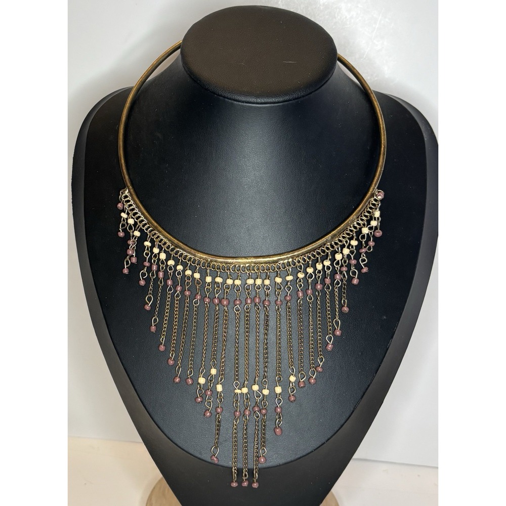 Vintage Brass Tone Collar Necklace Beaded Chain Fringe Bib Boho Whimsigoth